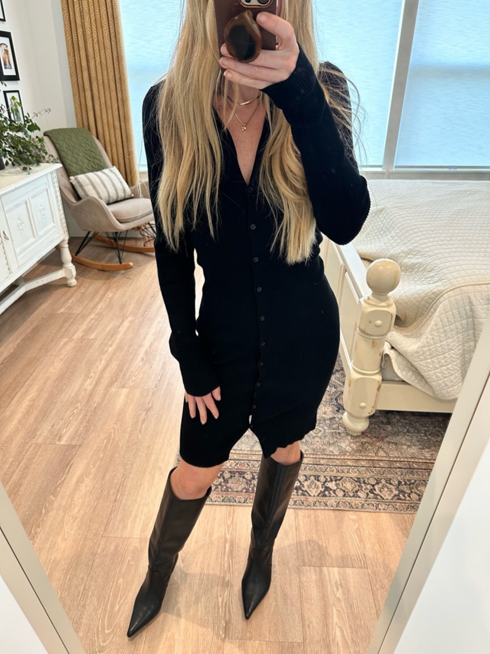 Classic Black Button-Front Knit Dress